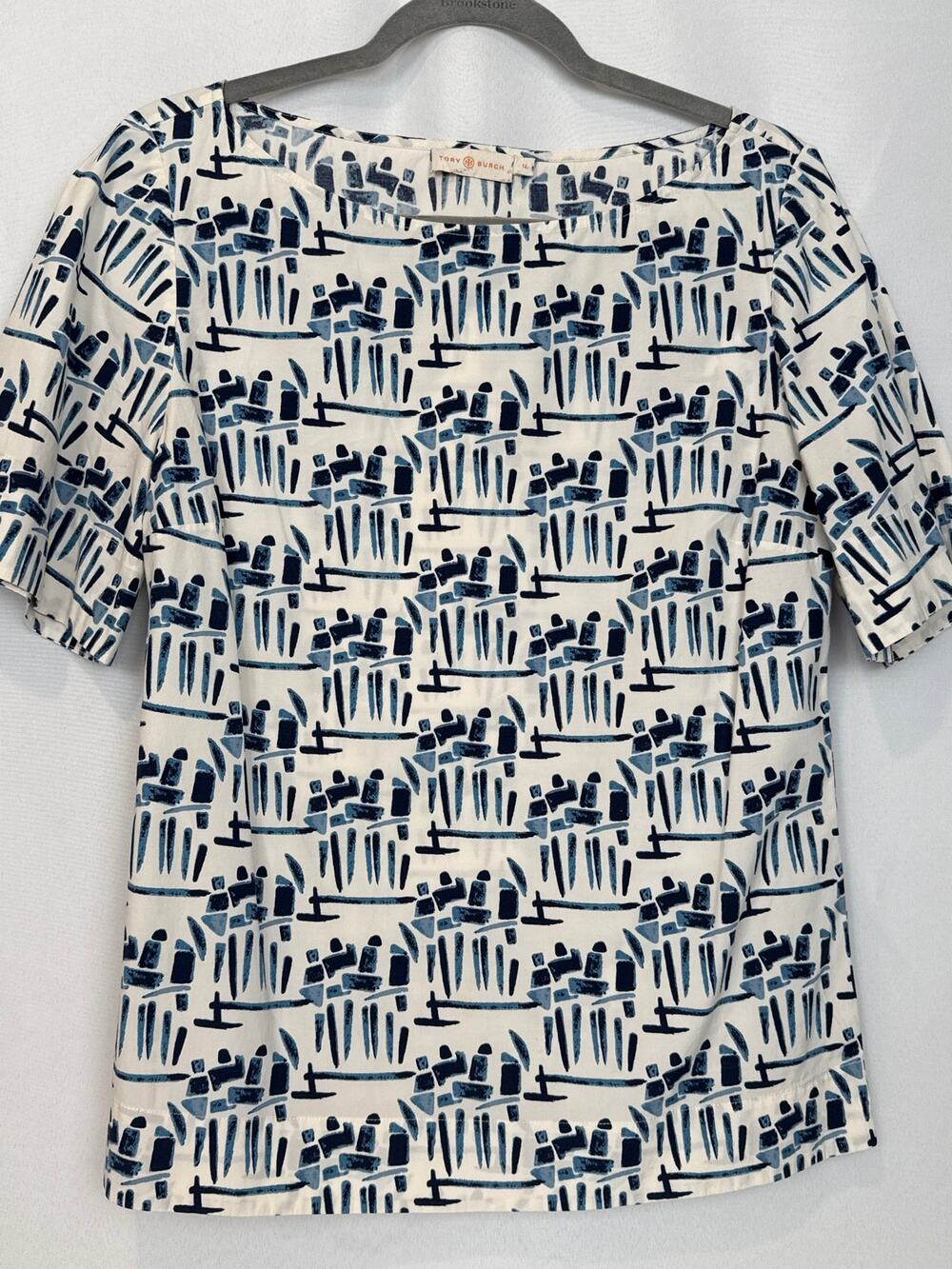 Tory Burch Womens Abstract Print Boat Neck Top Size 14 Career Navy Cream